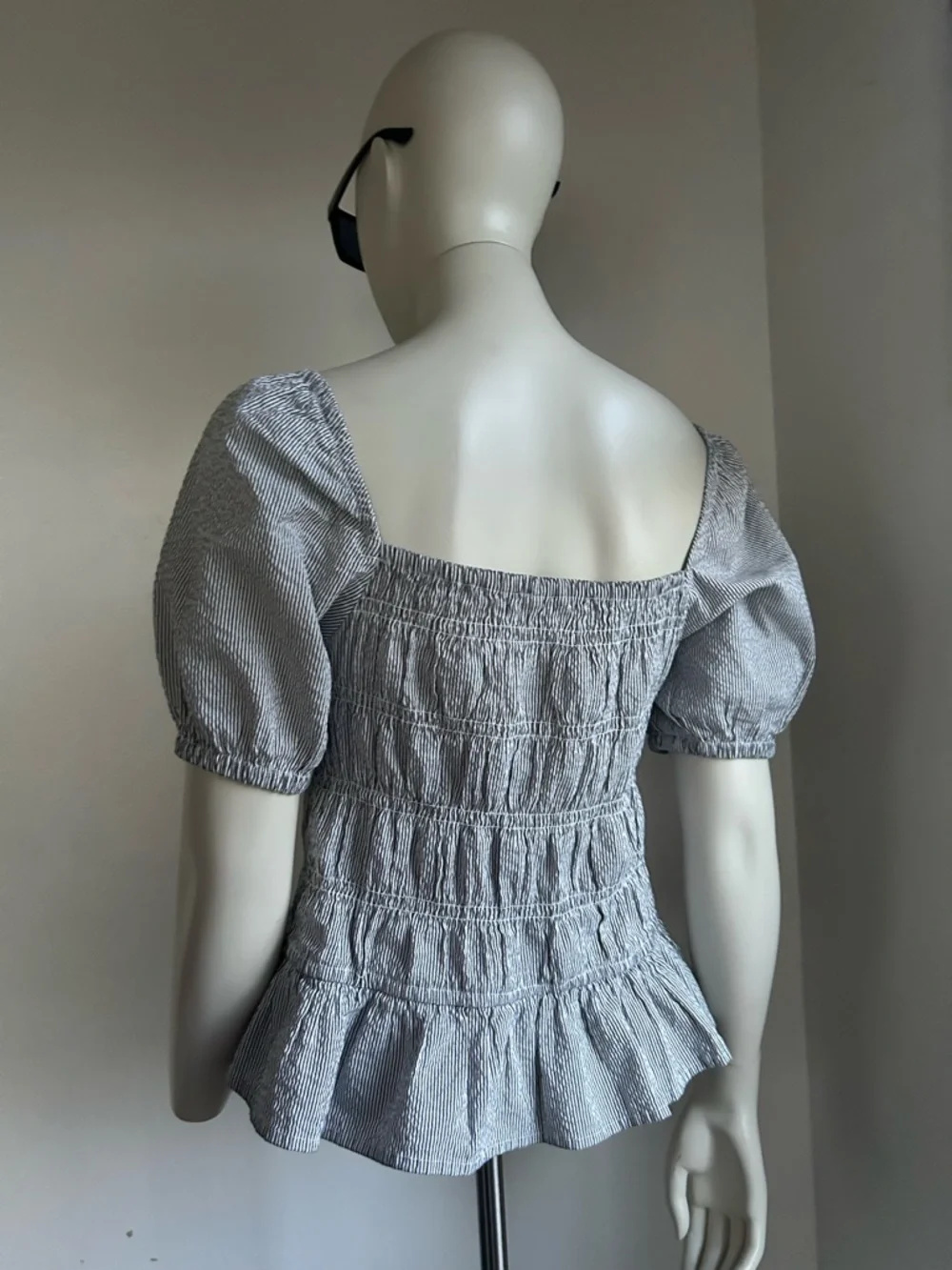 Buffalo L Smocked Square-Neck Peplum Top in Light Blue Stripe